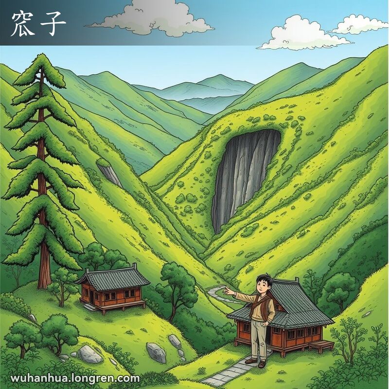一片茂密的绿色山景，中间有一个明显的凹陷或山谷，周围环绕着高大的树木和茂盛的植被，前景中有一座小巧的传统武汉风格的房子和一位当地居民。