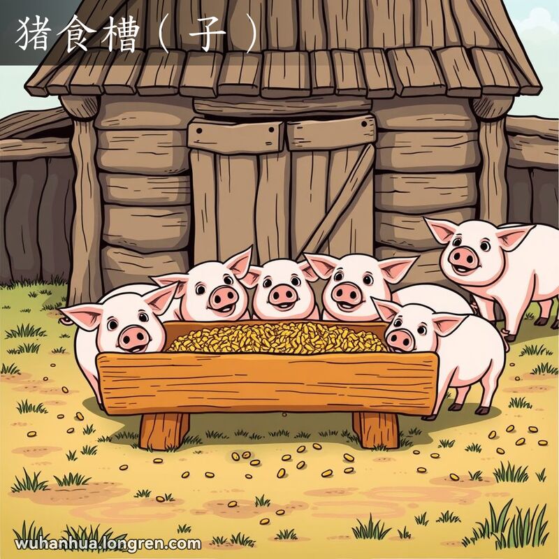 乡村农场场景，长条形木制猪食槽中装满饲料，几只猪在旁边吃食，画面风格幽默生动。
