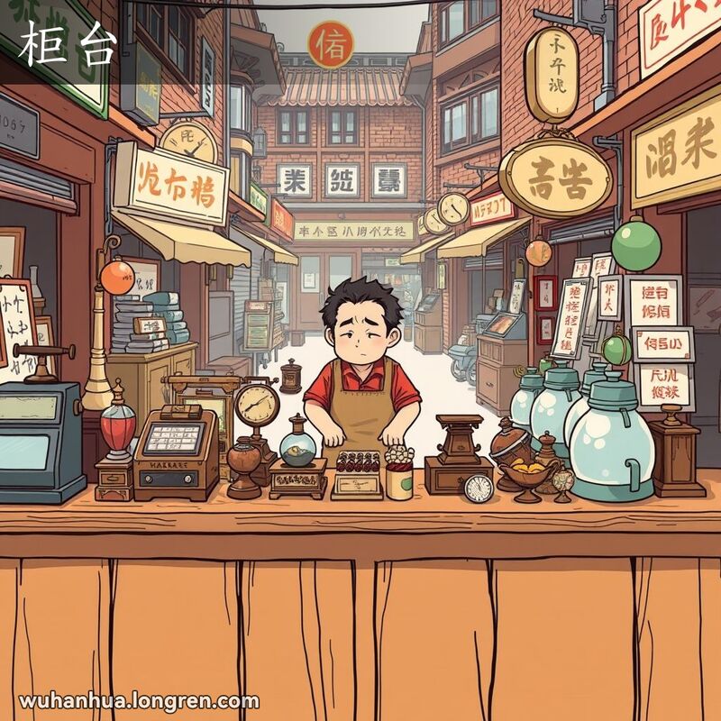 武汉市场中的传统木制柜台，柜台后方站着一位略显担忧的店主，背景是武汉老街景