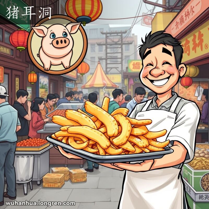 武汉街头市场，摊主卖“猪耳洞”点心，背景有其他小吃摊位，画面热闹。