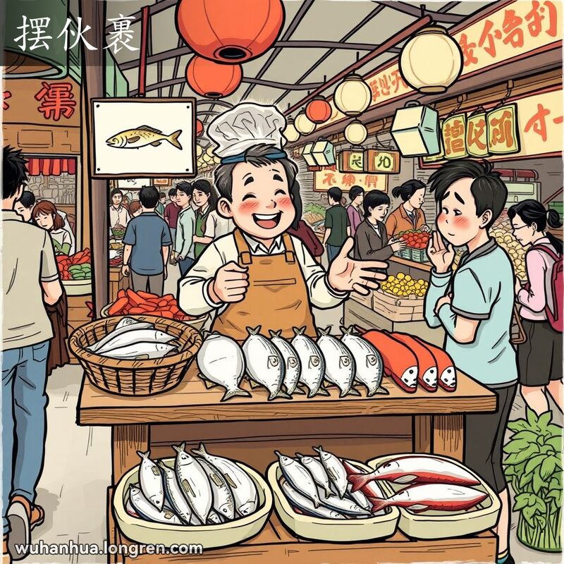武汉传统市场中，鱼贩在摊位前展示新鲜鱼类，顾客在旁边观看，背景是忙碌的市场场景。