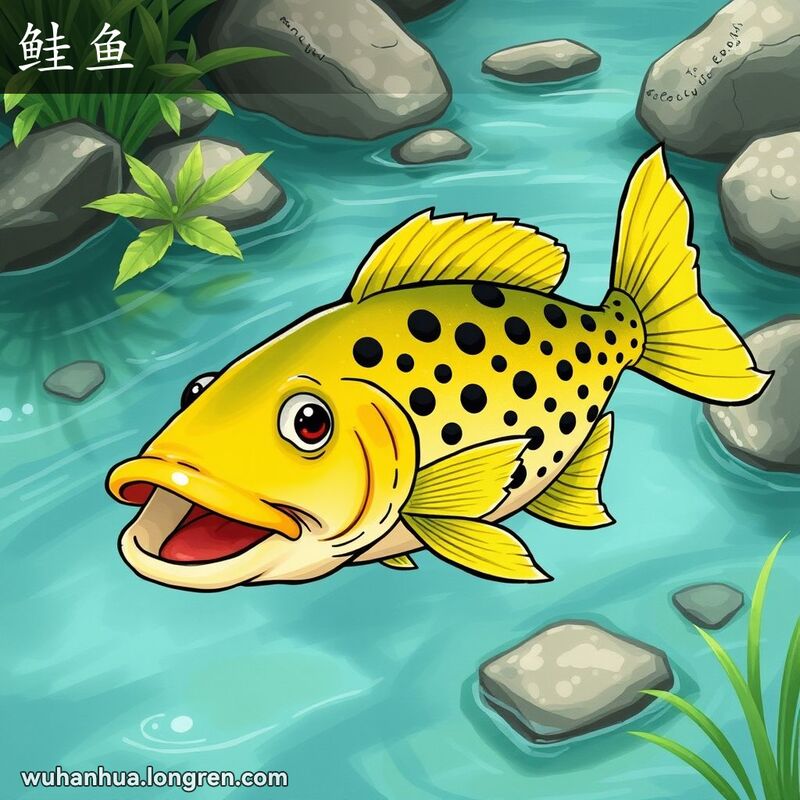 一条鲑鱼在清澈的淡水溪流中游动，背景是茂密的绿色植被和岩石，画面风格略带夸张的漫画风格。