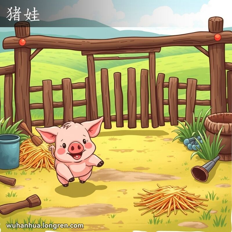 一只可爱的小猪崽在农场嬉戏奔跑，背景是绿色田野和木栅栏