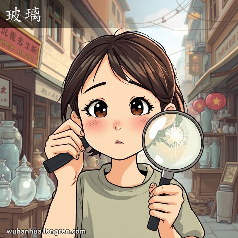 一位年轻女孩在武汉老街上用放大镜观察玻璃，背景是一家老店铺。