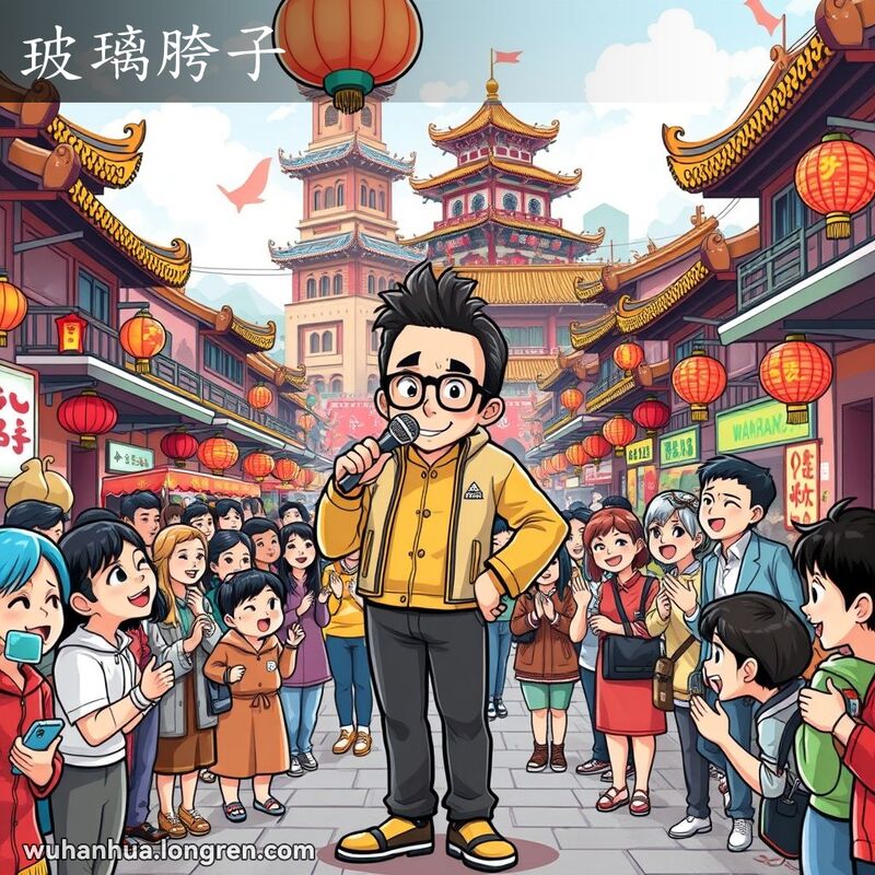 一位著名的武汉名人在街头演讲，周围是欢呼的粉丝和路人，背景有黄鹤楼和长江大桥。