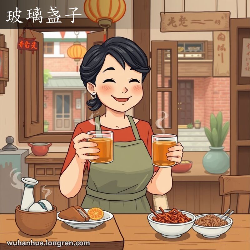 一位中年妇女在武汉厨房中手持玻璃杯，背景有传统小吃和老街景