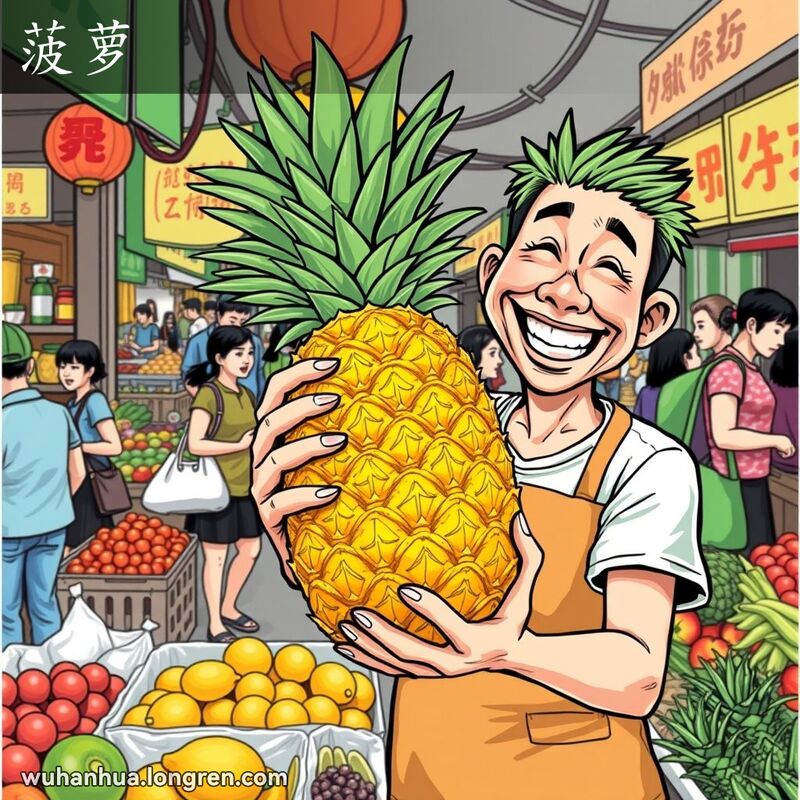 武汉市场上的摊主手持一只大而多汁的菠萝，背景是忙碌的市场场景，其他摊位在卖当地的蔬果，顾客们提着购物袋。