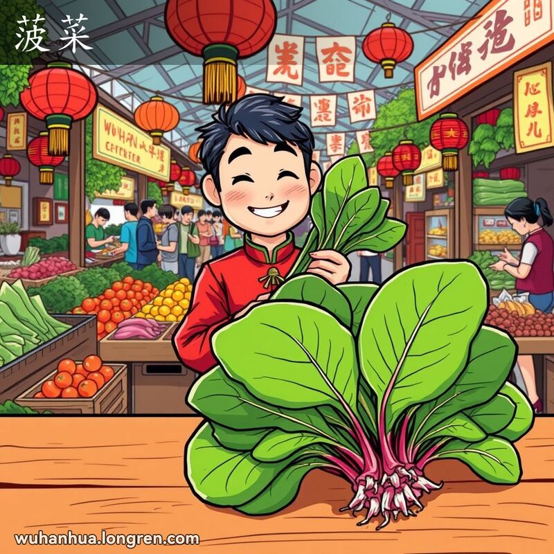 武汉传统市场上，一位本地人微笑着手持一束菠菜，背景是繁忙的市场和其他蔬菜水果摊位