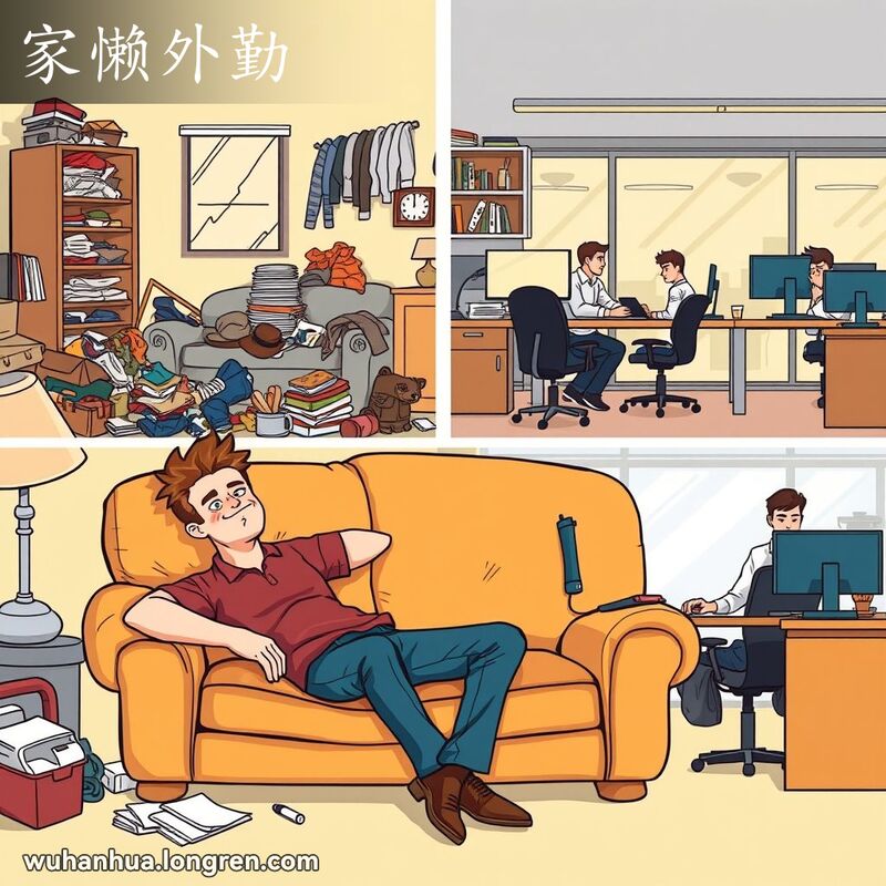 一位男子在家中懒散，办公室勤奋工作的对比场景