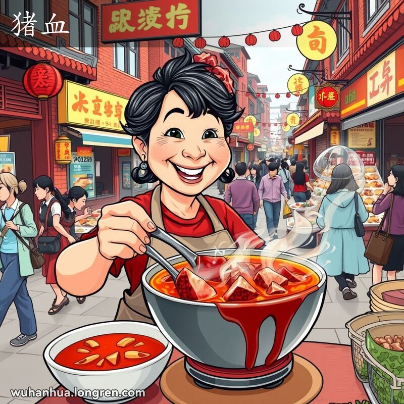 武汉街头市场，摊贩准备鸭血粉丝汤，背景有其他小吃摊和行人
