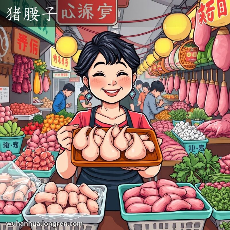 武汉市场摊位展示新鲜猪腰子，摊主微笑展示，背景有其他摊位和顾客