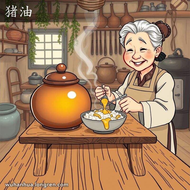 一位武汉老奶奶在厨房里用勺子舀猪油倒入米饭中拌匀，背景是温馨的厨房场景