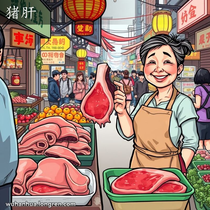 武汉街头市场，摊位上摆满肉类，摊主举起一块猪肝，背景有其他摊位和顾客。
