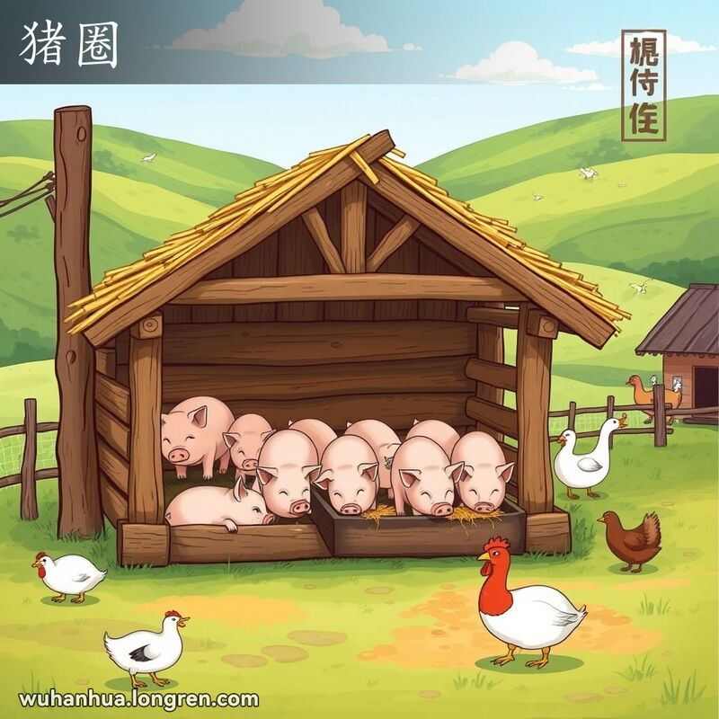 乡村农场场景，前景是传统木质猪圈，内有几只猪，背景是绿意盎然的乡村风光和自由活动的鸡鸭。