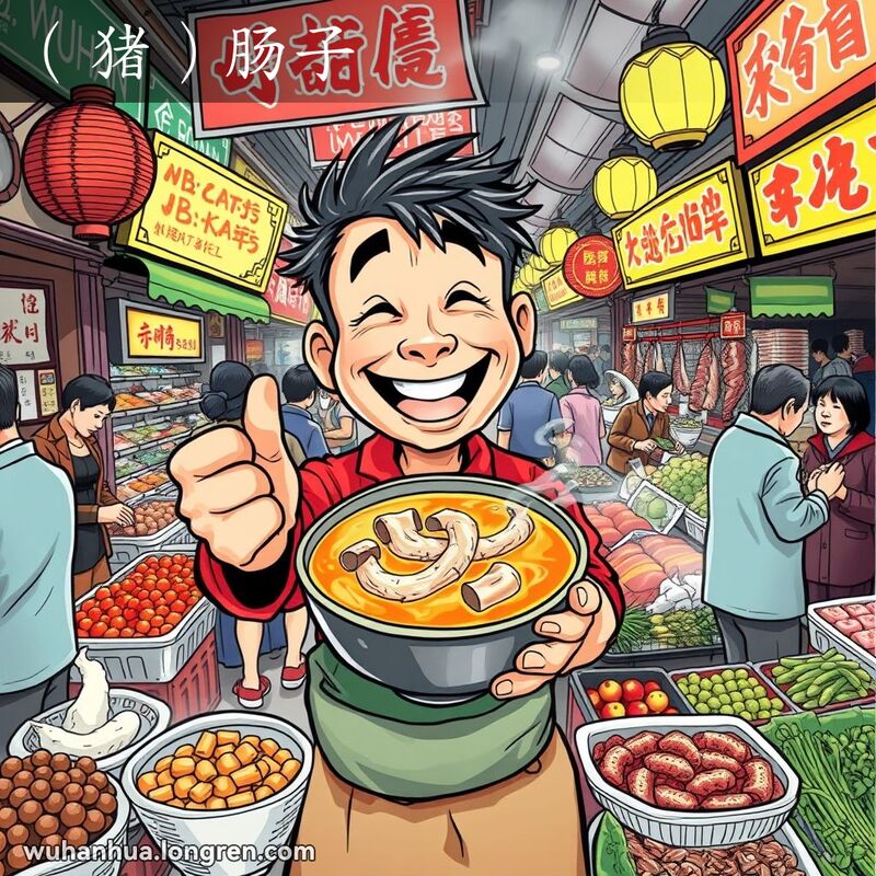 一个热闹的武汉市场，摊主举着一碗煮猪肠子的汤，背景是其他摊位和顾客。