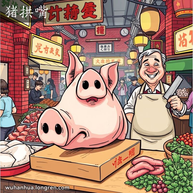 武汉市场肉铺摊位上摆放着新鲜猪头，猪嘴清晰可见，肉铺老板微笑着面对顾客，背景是热闹的市场。