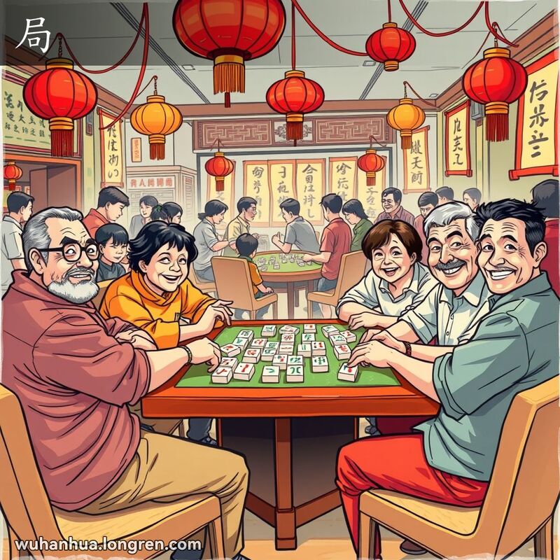 四位中年人在武汉麻将馆里打麻将，背景有红灯笼和书法挂轴，画面热闹。
