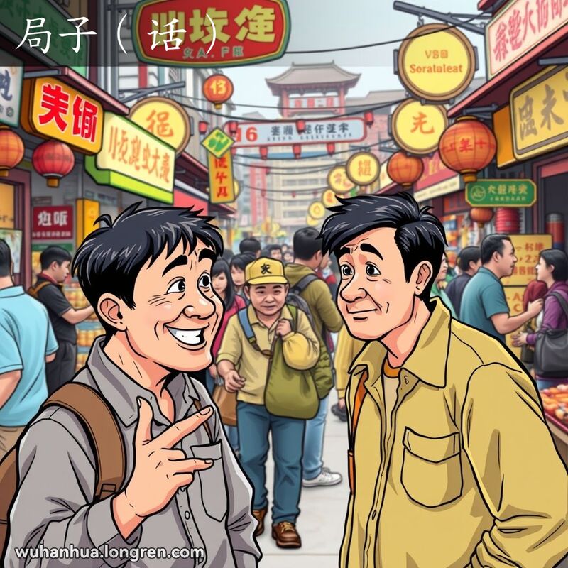 武汉市场中，摊贩与访客进行生动对话，摊贩使用手势解释，访客显得困惑但感兴趣，背景是热闹的市场景象