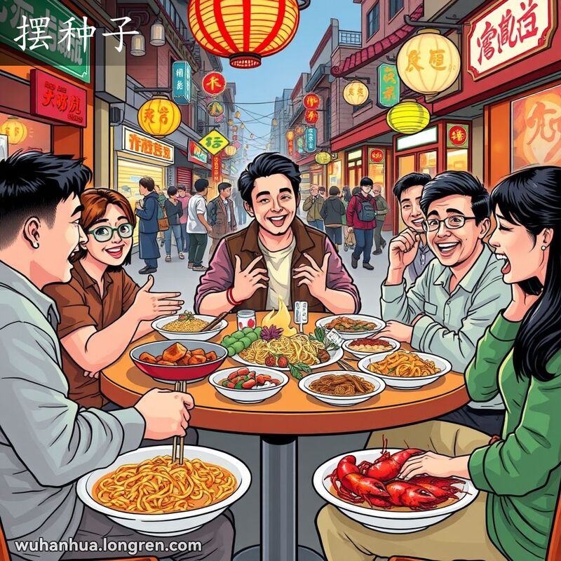 一群朋友在武汉餐馆聚餐，一人微笑着付钱请客，背景是热闹的街景