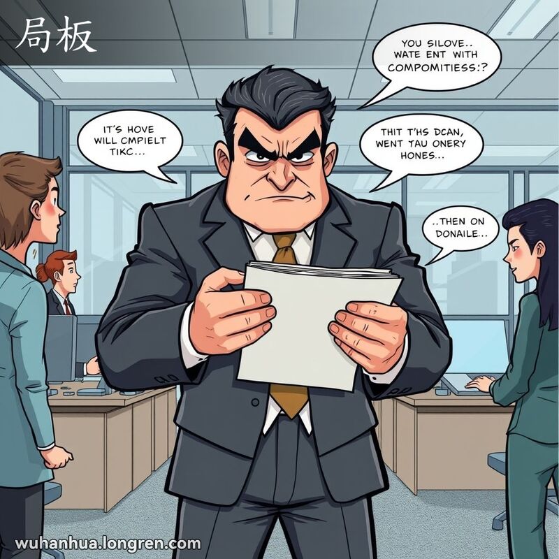 一位穿西装的男子在办公室中手持文件，表情严肃，周围同事试图讨论但他不妥协