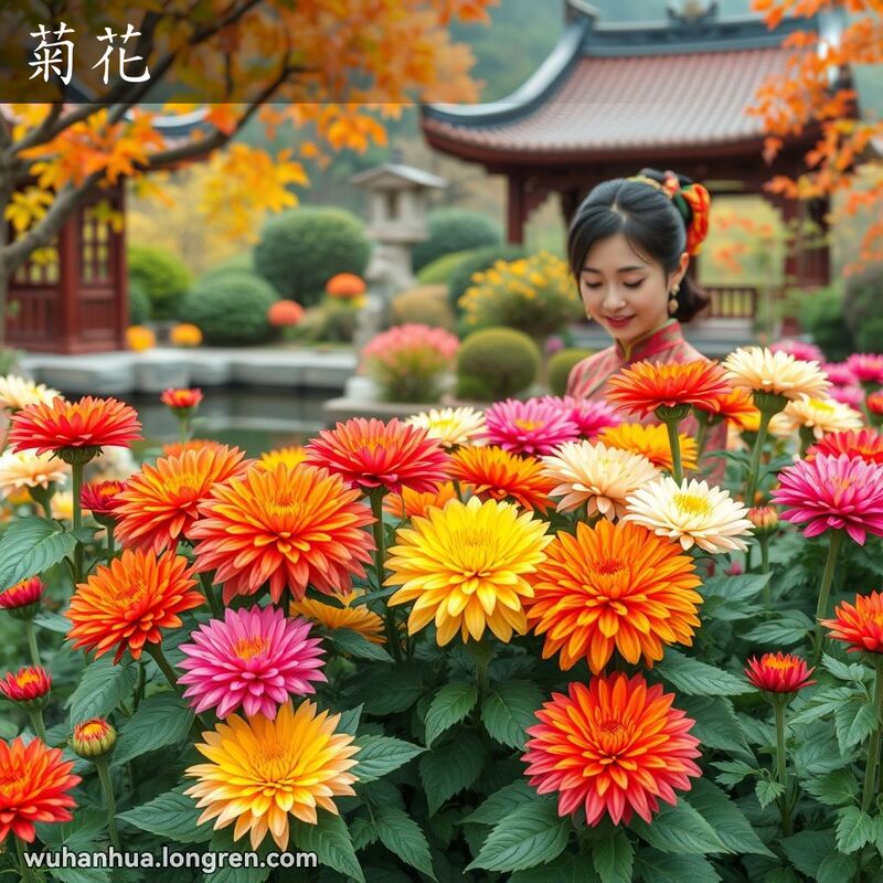 秋季菊花园，各种颜色和形状的菊花盛开，一位女子在照料花朵，背景是中国园林