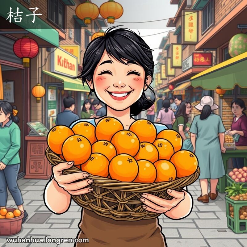 一位武汉女子在街头市场手捧一篮子鲜艳的桔子，背景是武汉老街景