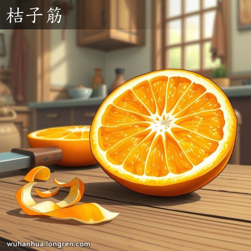 一个新鲜的橙子被切开，露出中间网络状的纤维，橙子放在木桌上，周围有橙皮和刀，背景是温馨的厨房。