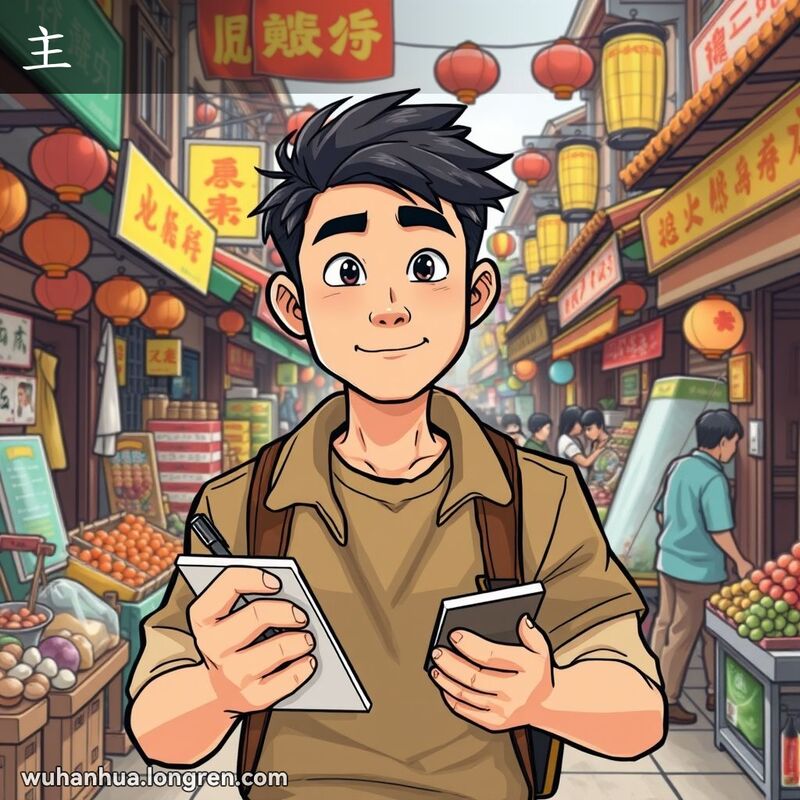 一位武汉男子在市场中手持小本子和笔，神情坚定，表现出“主”的意思，背景是武汉老街景