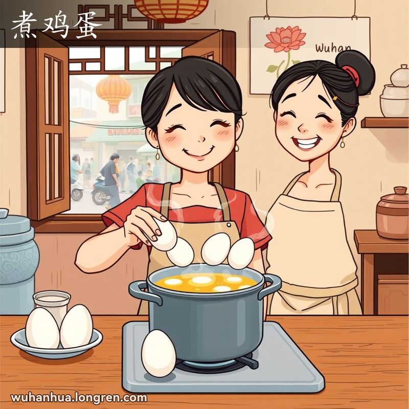 一位武汉妇女在厨房里煮鸡蛋，背景是温馨的厨房和武汉街景