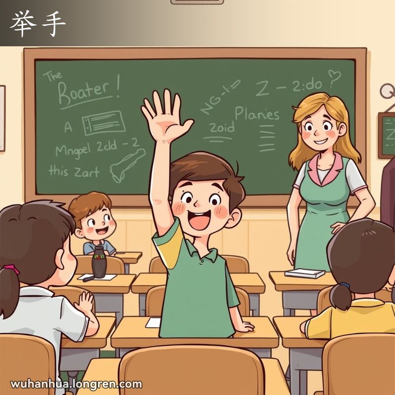 一个学生在教室里高高举手，表示赞同或回答问题，老师微笑看着他。