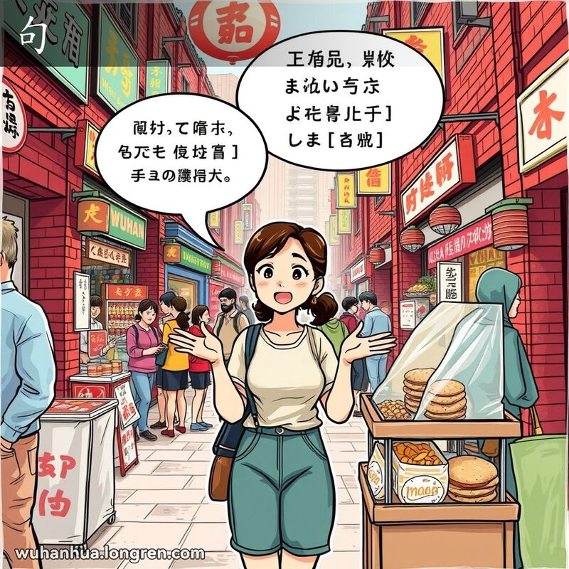 一位武汉女子在街头市场上向朋友解释复杂事情，头上有问号对话框，背景是武汉街景
