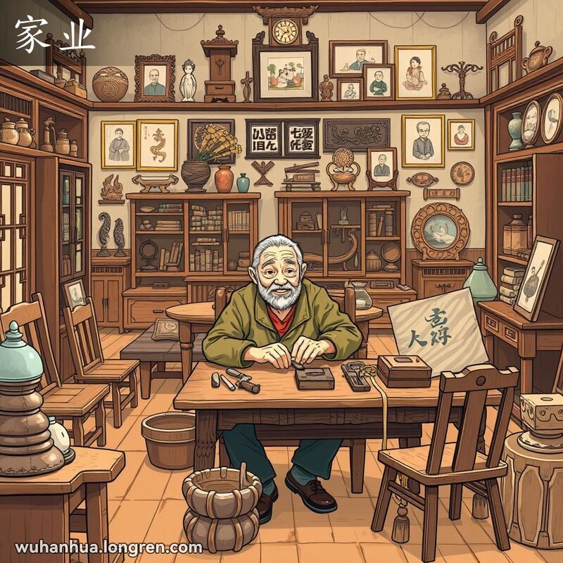 一位年长的工匠在传统武汉家庭住宅中制作家具，背景展示手工制品和家庭遗产