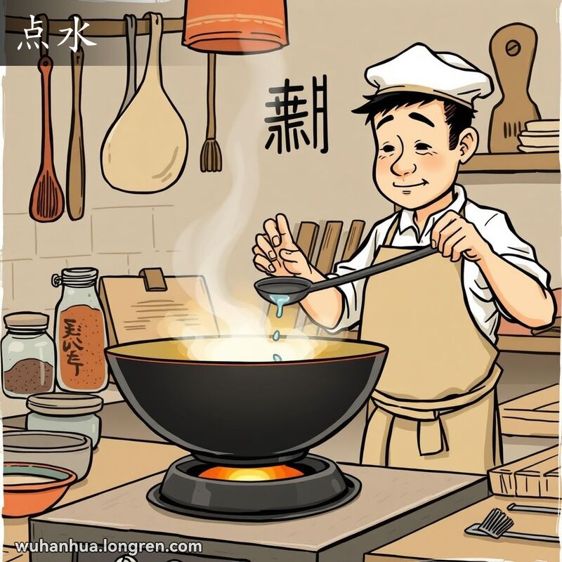 一位武汉厨师在厨房中往热锅里加水，水遇热蒸发，背景有厨具和调料罐