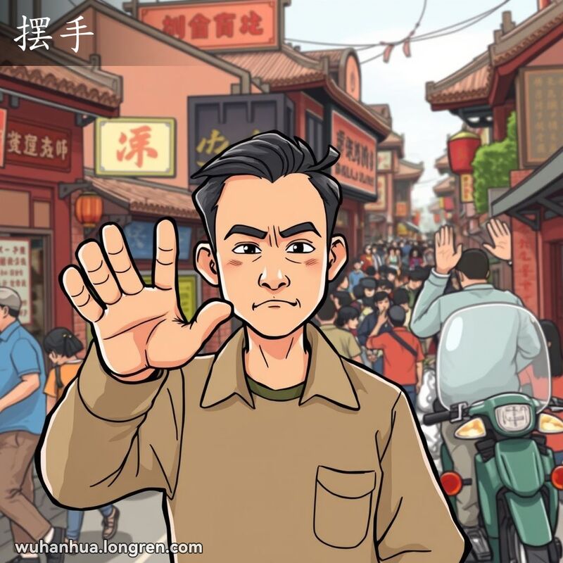 武汉街头，一位男子挥手阻止，背景中另一位男子在车上挥手打招呼