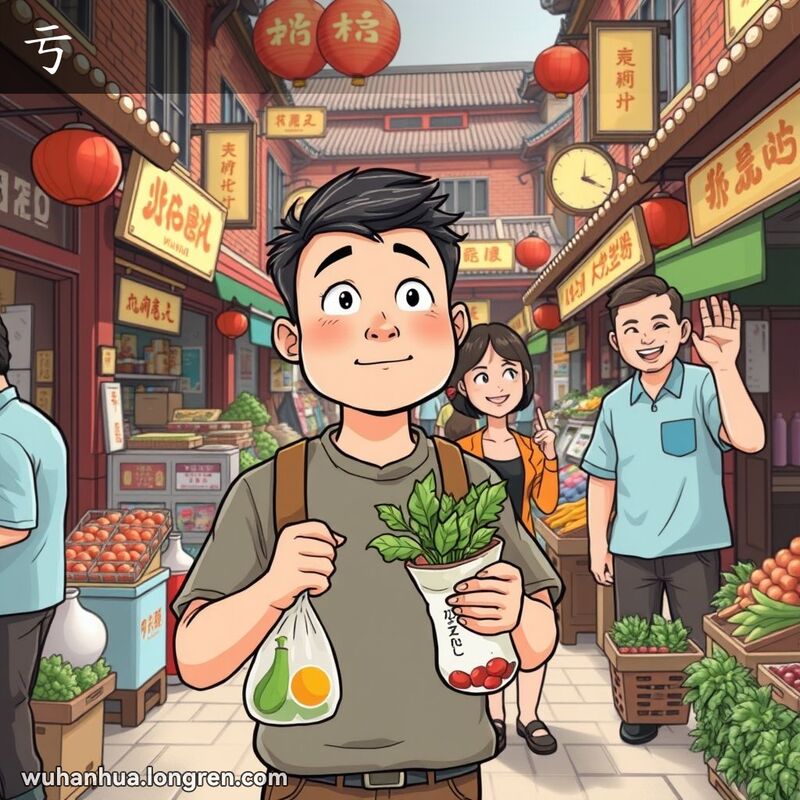 一位男子在武汉街市中手持蔬果，露出感激的表情，背后另一人挥手告别，背景是热闹的街市场景