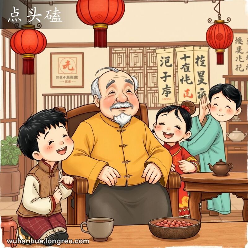 一位老人坐在木椅上，周围是他的家人，他轻轻点头，象征着武汉方言中的“点头磕”，背景是温馨的客厅