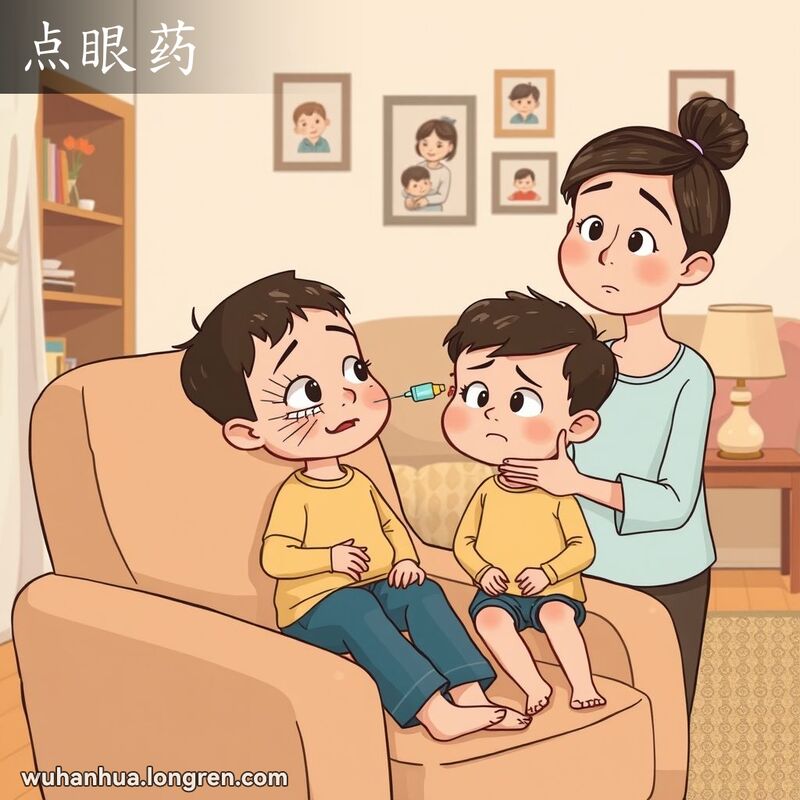 一位家长在客厅里为孩子滴眼药水，孩子露出不适的表情，背景是温馨的家庭环境