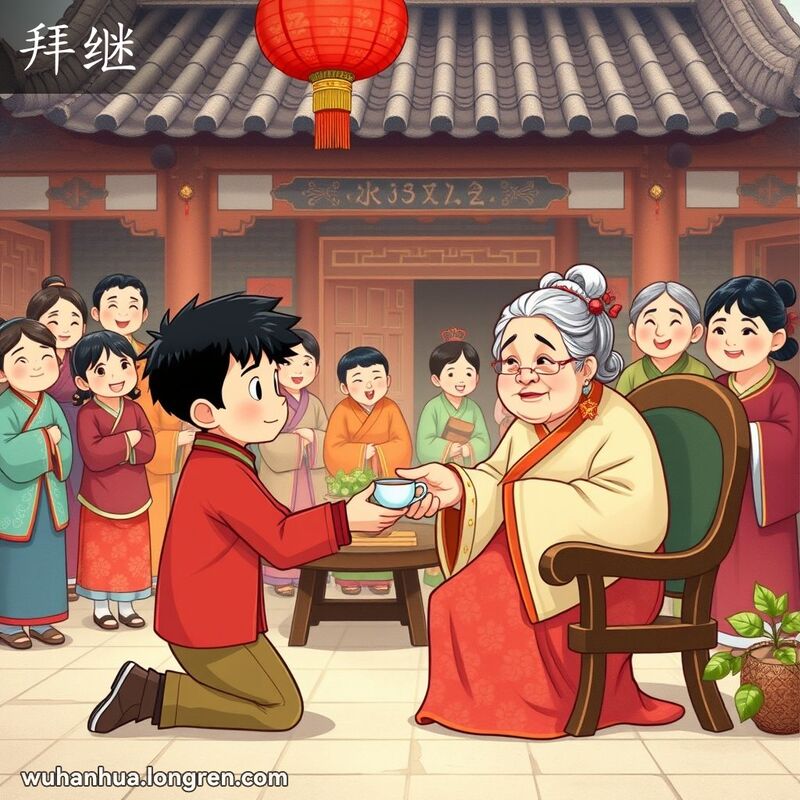 一位年轻人在庭院中跪在老妇人面前，双手捧茶恭敬拜继，家人围观，背景有红灯笼