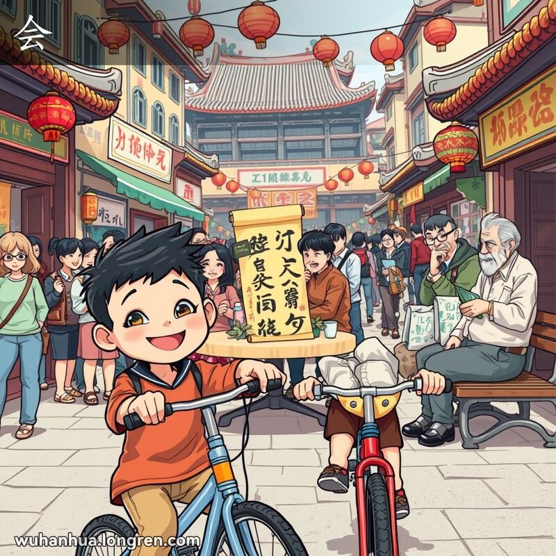 武汉街头，小男孩骄傲地骑自行车，朋友们欣赏书法，老人深思，展示“会”的多重含义。