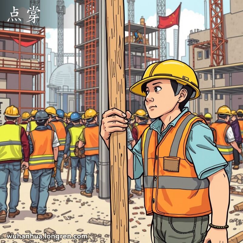 一位武汉建筑工人在施工现场手持临时木质支撑柱，背景有其他工人和施工设备