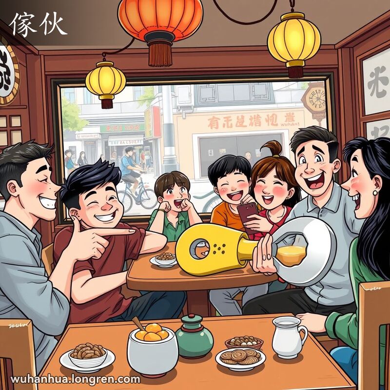 一群朋友在武汉茶馆聚会，一个朋友指着另一个手持大型工具的朋友，大家开怀大笑，背景是传统茶馆和繁忙街景