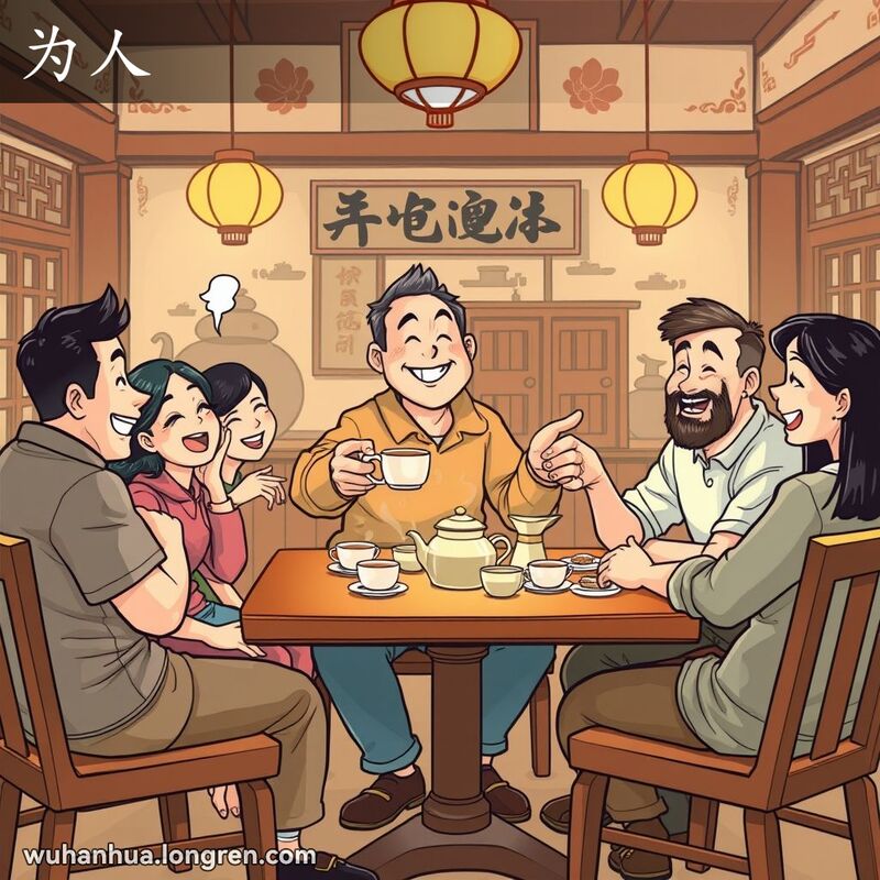 几位朋友在武汉传统茶馆里喝茶聊天，主角热情地为大家倒茶，展现了“为人”的热情好客。