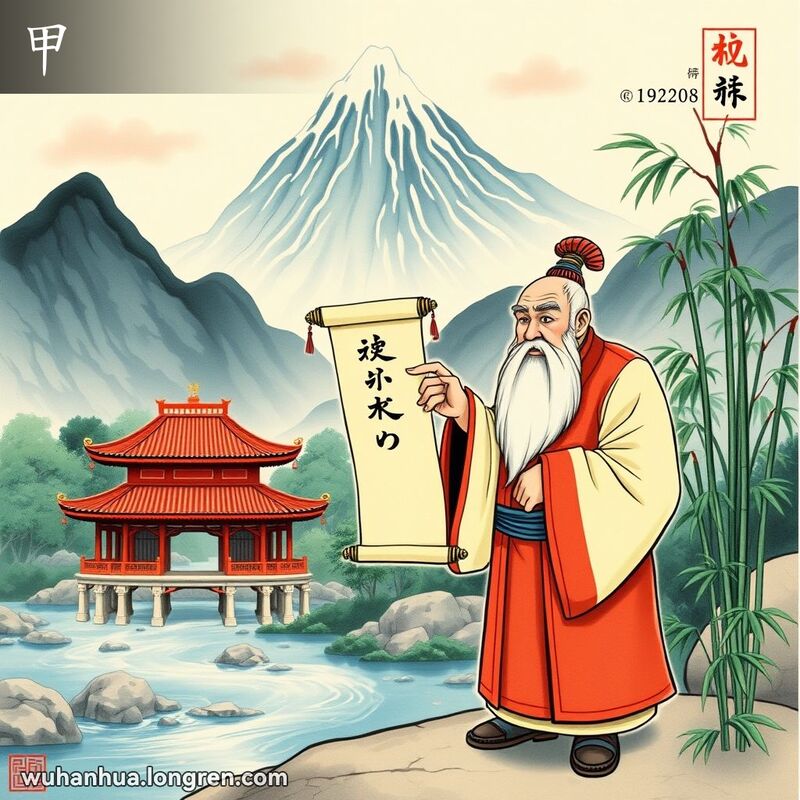 一位古代学者站在山水画前，手持书卷指向第一个字，背景是古代建筑和竹林