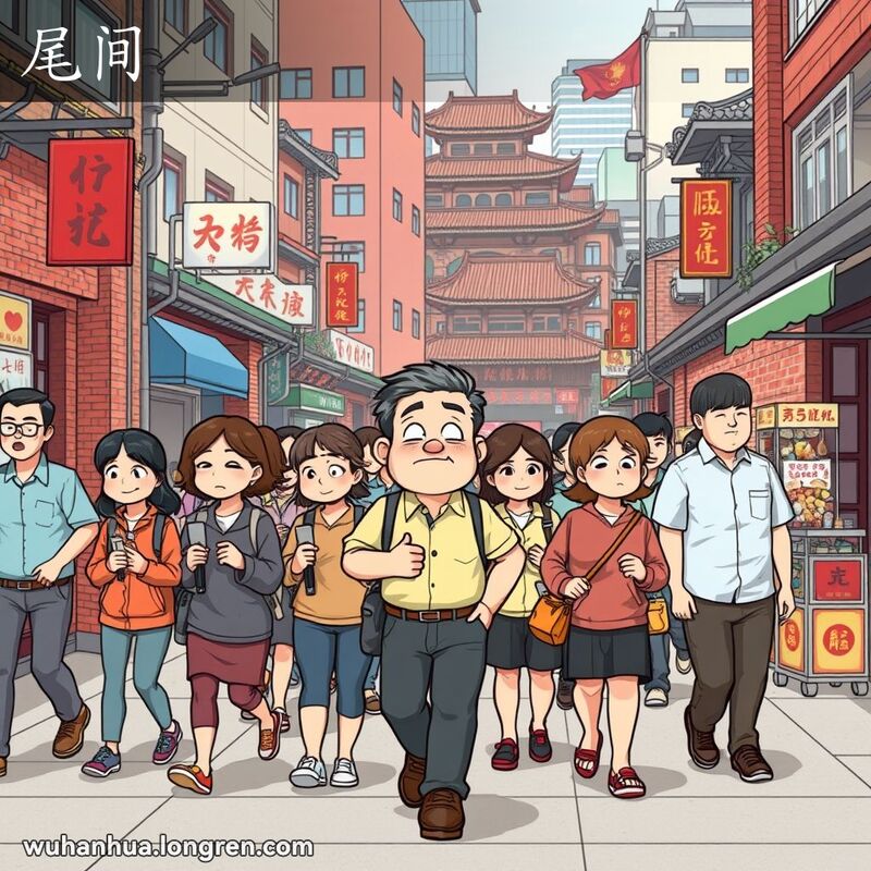 一群人在武汉街头排队行走，最后一个人位于队伍的尾间，背景是武汉的街景
