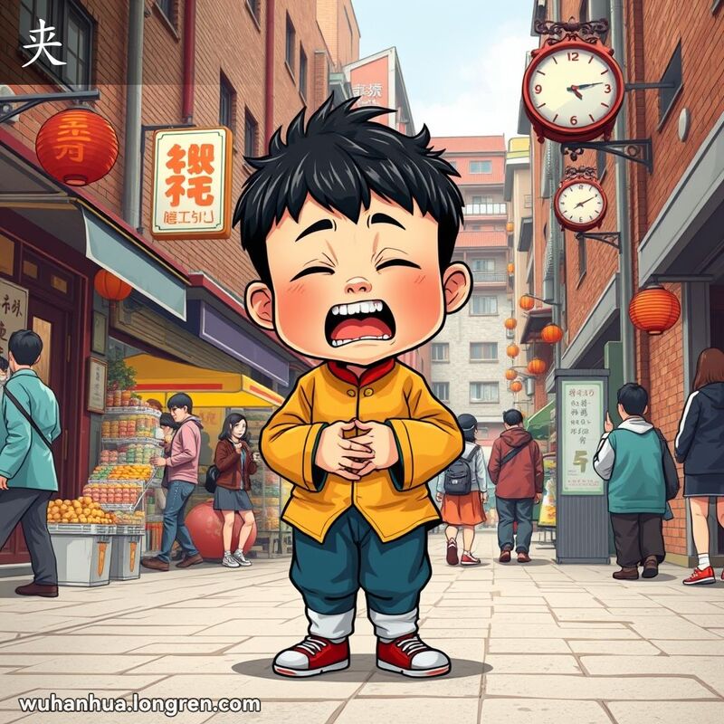 一个小男孩在武汉街头急切地忍住上厕所的冲动，背景有老建筑和小摊贩