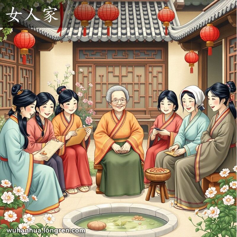 一群穿着传统服饰的妇女在庭院中从事各种活动，中央是一位年长妇女，背景有传统中国建筑和花园。