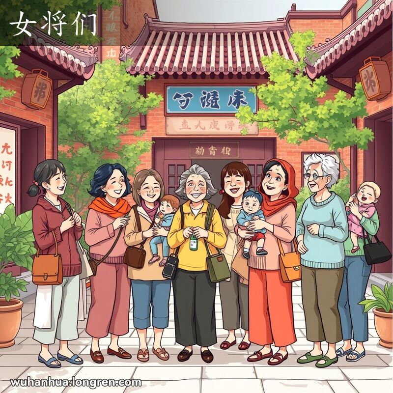 一群中年妇女在武汉传统庭院中聚集，手持购物袋和孩子，脸上洋溢着亲切和温暖的笑容，背景是武汉建筑。
