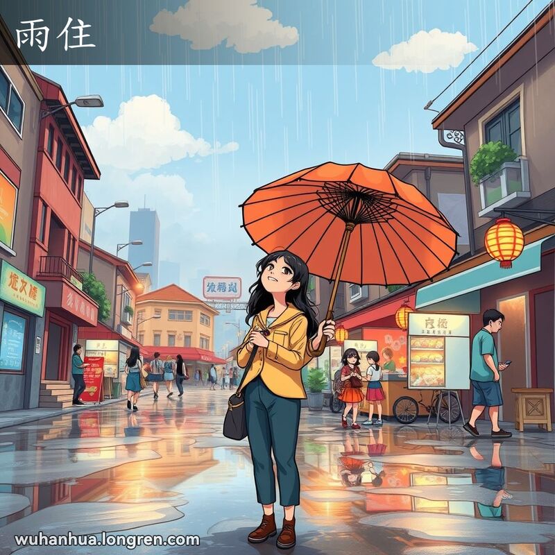 武汉街头雨后初晴，一位年轻女子站在传统中式雨伞下，抬头望着天空，露出如释重负的微笑，背景中小贩们重新开始营业，居民们走出家门。