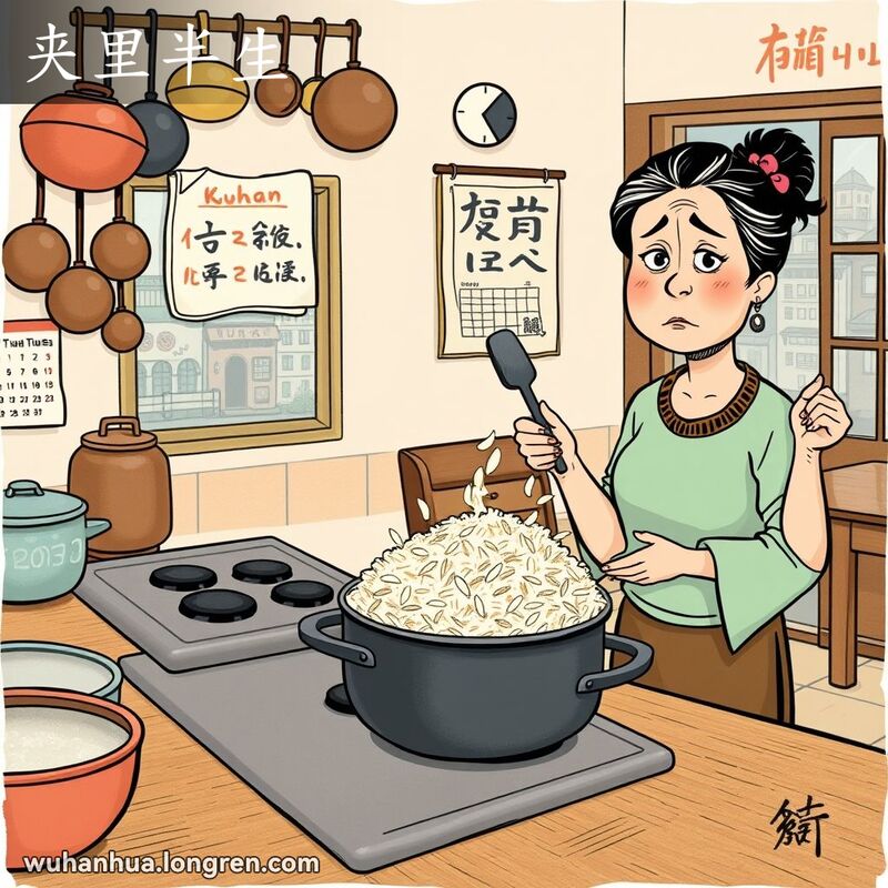 一位中年妇女在厨房里，手持锅铲和锅盖，面露恼怒之色，炉灶上的饭锅里米饭半生不熟，背景有挂历和窗外武汉街景