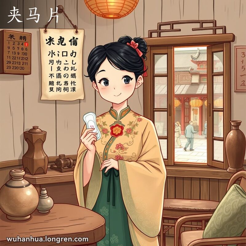 一位武汉妇女在老式房间里手拿旧式月经带，脸上带着好奇的表情，背景是武汉老街景
